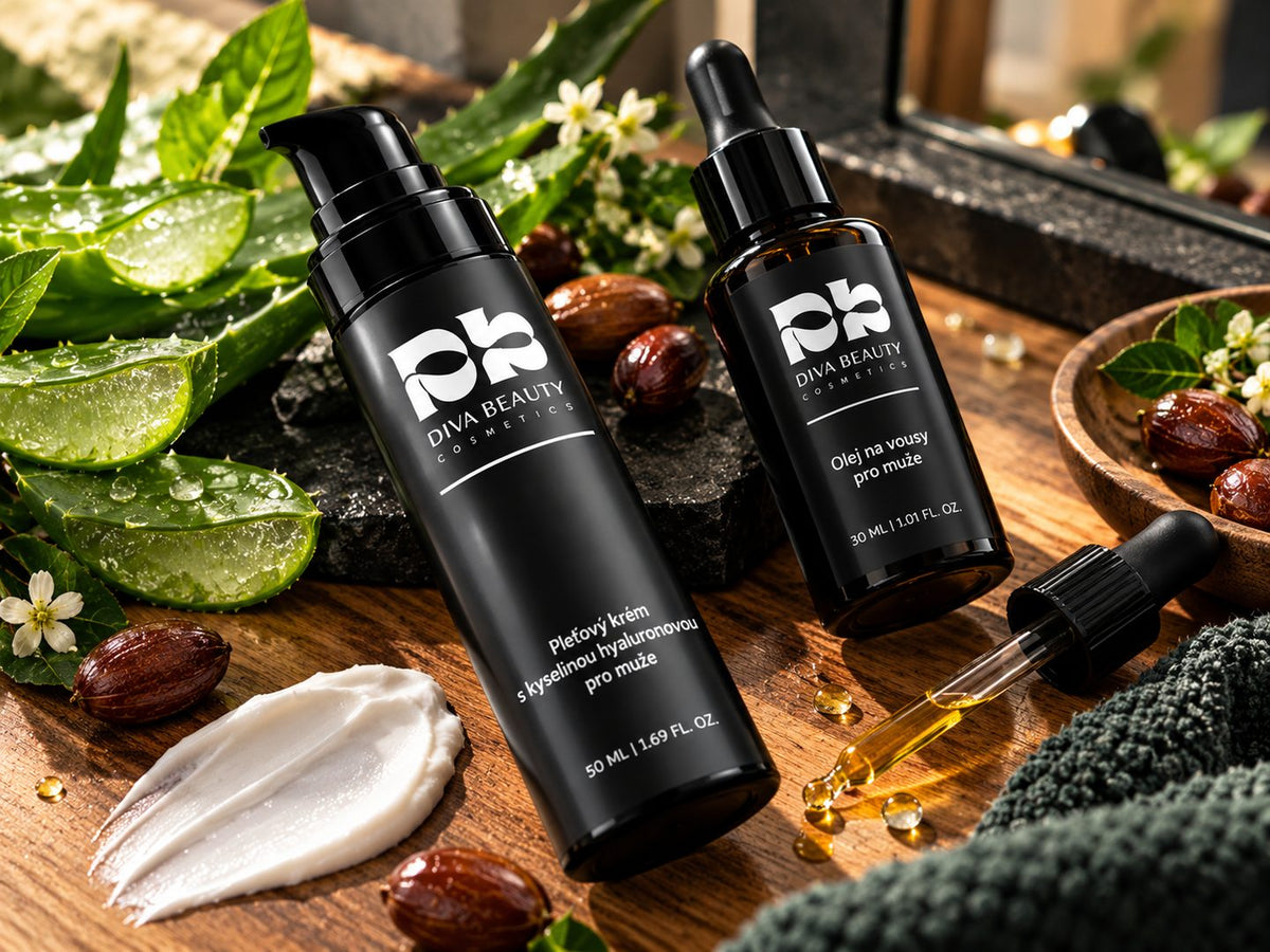 Pleťový krém s kyselinou hyaluronovou pro muže DIVA BEAUTY COSMETICS 50 ml a olej na vousy 30 ml, černé lahvičky s aloe vera, kapátkem a ukázkou textury krému