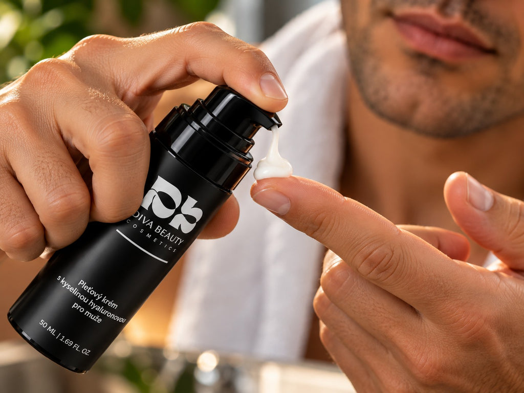Pleťový krém s kyselinou hyaluronovou pro muže DIVA BEAUTY COSMETICS, 50 ml, černá lahvička s pumpičkou na dřevěném podkladu mezi zelenými listy