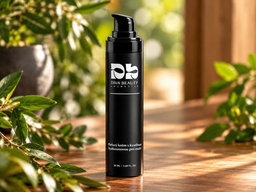 Pleťový krém s kyselinou hyaluronovou pro muže DIVA BEAUTY COSMETICS, 50 ml, černá lahvička s pumpičkou na dřevěném podkladu mezi zelenými listy