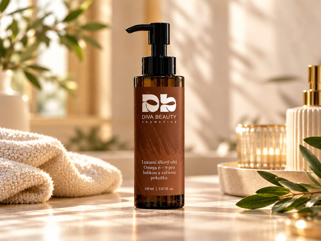 Luxusní tělový olej Omega 6–9 DIVA BEAUTY COSMETICS, 150 ml, hnědá lahvička s pumpičkou vedle oleje, ořechů a ručníků v koupelně.