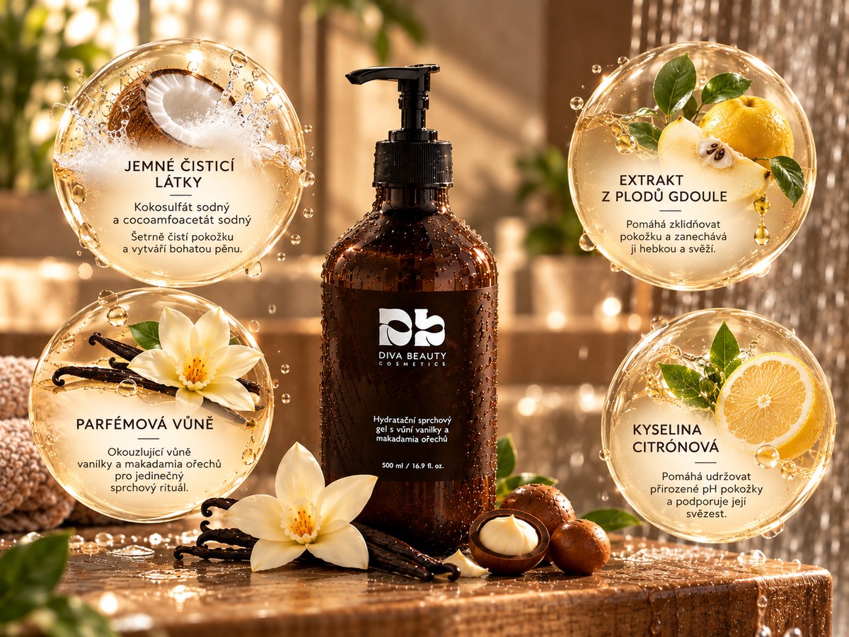 Hydratační sprchový gel s vůní vanilky a makadamia DIVA BEAUTY COSMETICS, 500 ml – infografika složení: jemné čisticí látky, extrakt z plodů gdoule, kyselina citronová a parfémová vůně vanilky a makadamových ořechů.