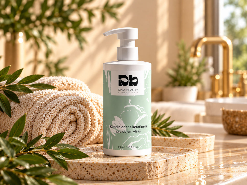 Kondicionér s keratinem pro objem vlasů DIVA BEAUTY COSMETICS, 300 ml, zelenobílá lahvička s pumpičkou v koupelně vedle béžového ručníku a zelených listů.