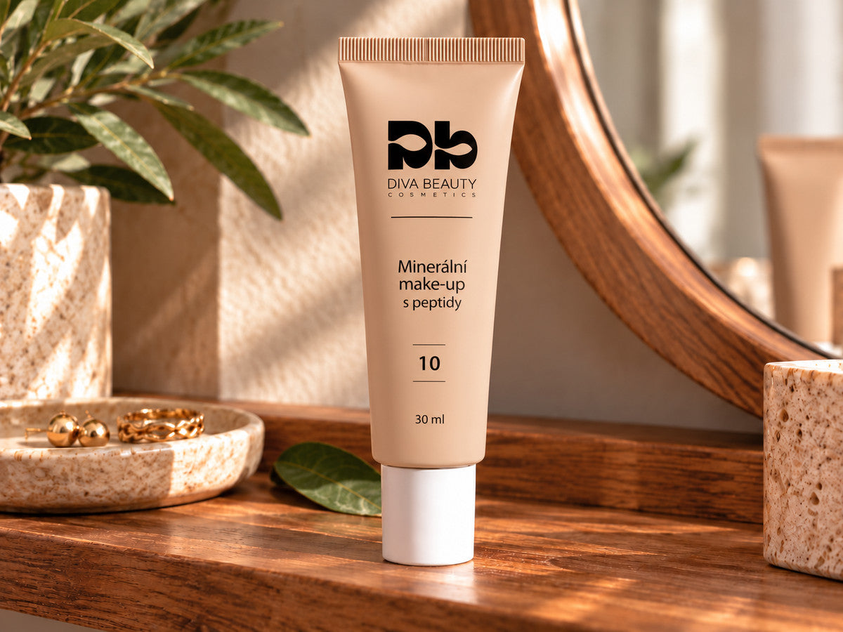 Minerální make-up s peptidy DIVA BEAUTY COSMETICS, odstín 10, 30 ml, béžová tuba s bílým uzávěrem na dřevěném stolku vedle zrcadla