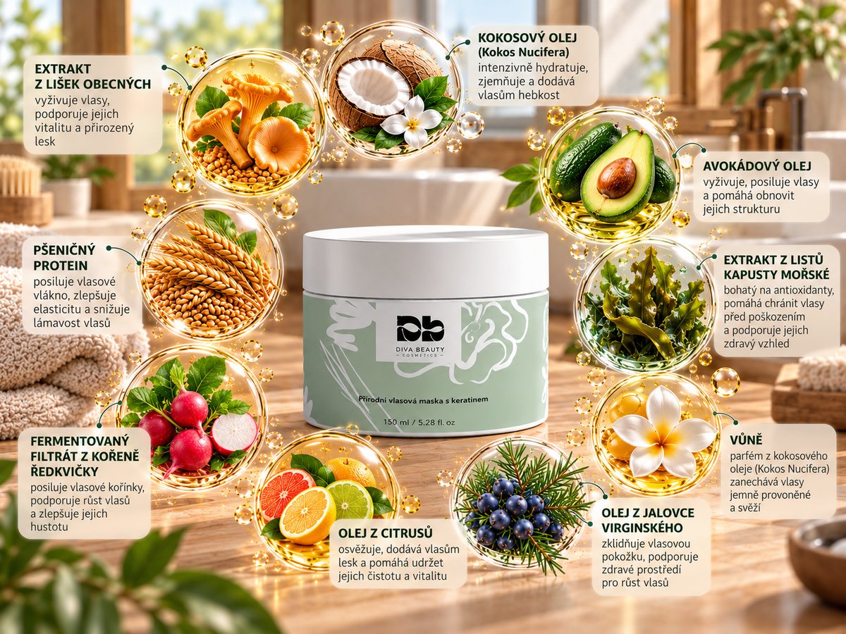 Přírodní vlasová maska s keratinem DIVA BEAUTY COSMETICS, 150 ml – infografika složení s pšeničným proteinem, kokosovým a avokádovým olejem, extraktem z lišek a mořských řas.
