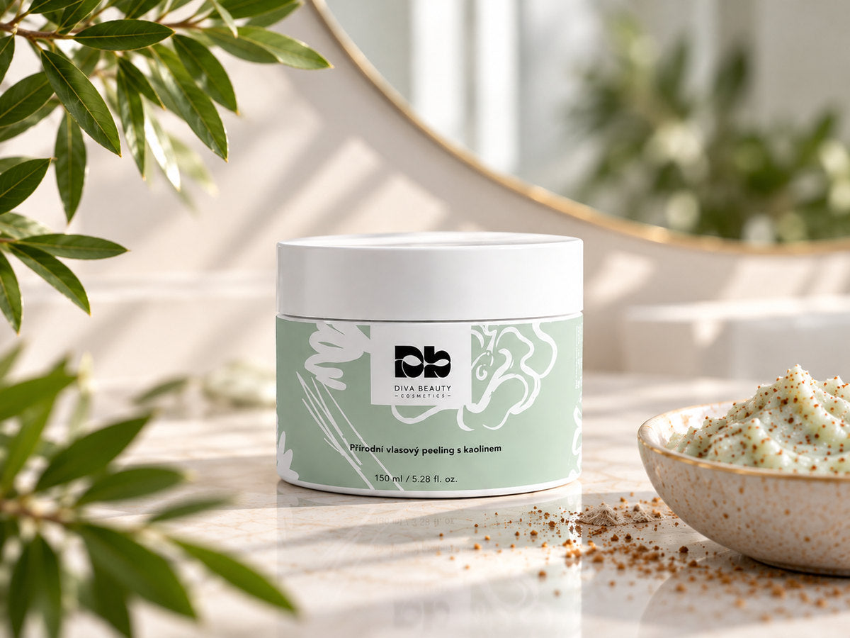 Přírodní vlasový peeling s kaolinem DIVA BEAUTY COSMETICS, 150 ml, zelenobílá dóza vedle misky s krémovým peelingem a jemnými zrníčky.