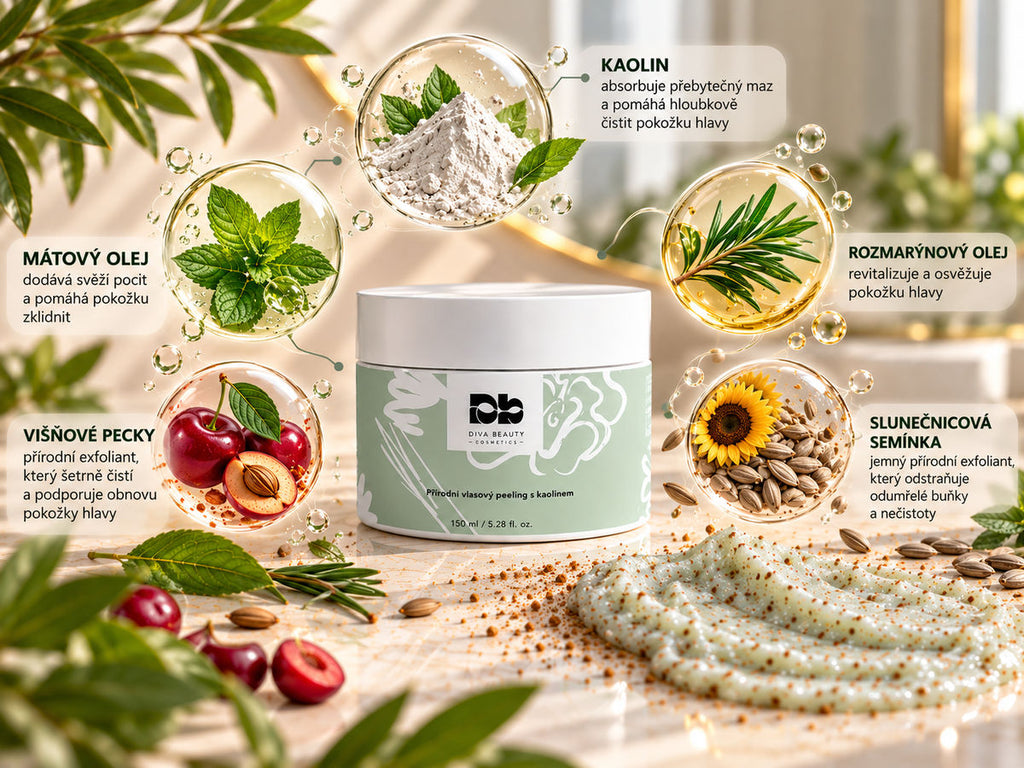 Přírodní vlasový peeling s kaolinem DIVA BEAUTY COSMETICS, 150 ml – infografika složení: kaolin, mátový a rozmarýnový olej, višňové pecky a slunečnicová semínka.