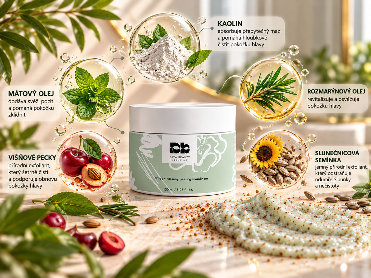 Přírodní vlasový peeling s kaolinem DIVA BEAUTY COSMETICS, 150 ml – infografika složení: kaolin, mátový a rozmarýnový olej, višňové pecky a slunečnicová semínka.