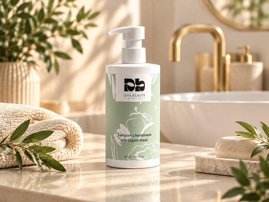 Šampon s keratinem pro objem vlasů DIVA BEAUTY COSMETICS, 300 ml, bílá lahvička s pumpičkou a zelenou etiketou v koupelně