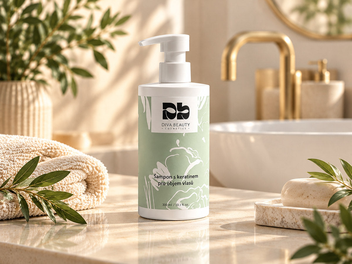 Šampon s keratinem pro objem vlasů DIVA BEAUTY COSMETICS, 300 ml, bílá lahvička s pumpičkou a zelenou etiketou v koupelně