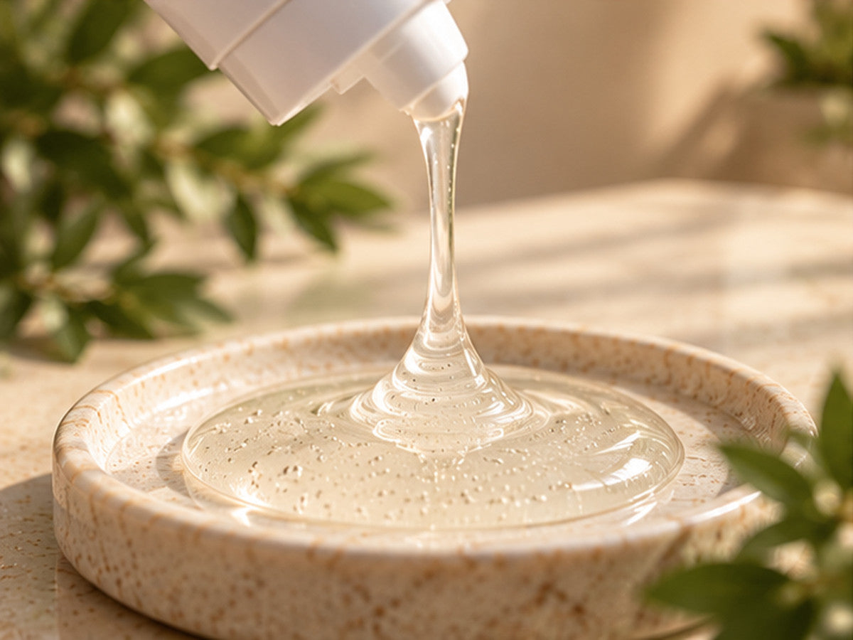 Detail průhledné gelové textury šamponu s keratinem pro objem vlasů DIVA BEAUTY COSMETICS při nalévání do keramické misky