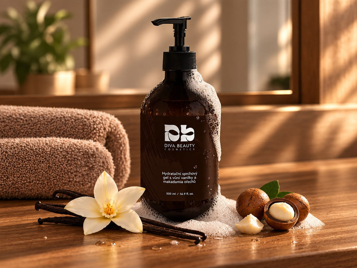 Hydratační sprchový gel s vůní vanilky a makadamia DIVA BEAUTY COSMETICS, 500 ml, hnědá lahvička s pumpičkou vedle vanilkového květu, vanilkových lusků a makadamových ořechů.