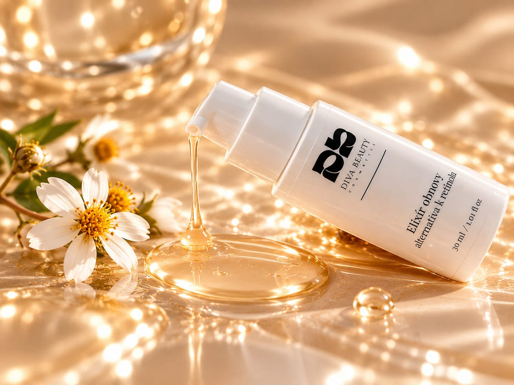 Elixír obnovy – alternativa k retinolu DIVA BEAUTY COSMETICS, 30 ml, bílá lahvička s pumpičkou vedle krémové textury a levandule