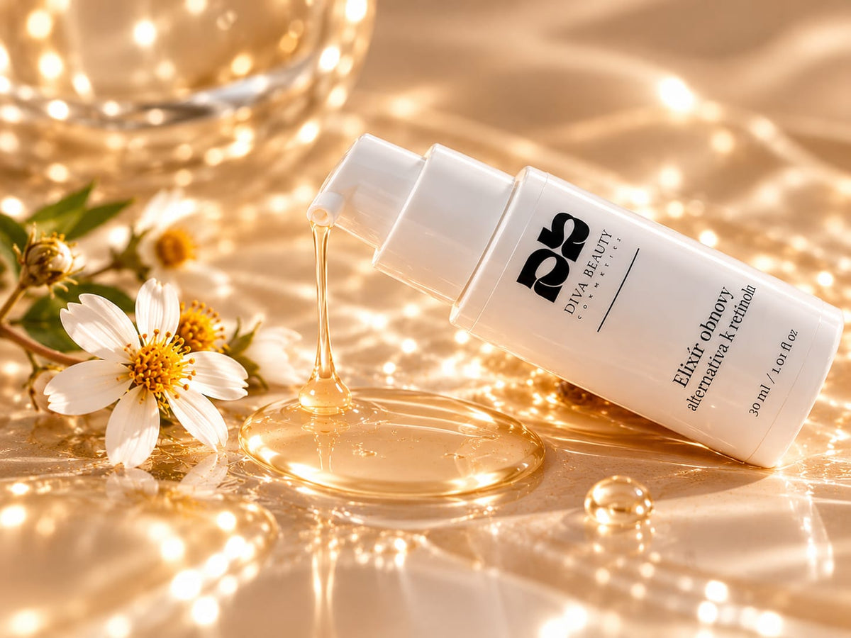 Elixír obnovy – alternativa k retinolu DIVA BEAUTY COSMETICS, 30 ml, bílá lahvička s pumpičkou vedle krémové textury a levandule