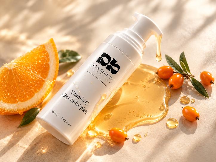 Vitamín C elixír zářivé pleti DIVA BEAUTY COSMETICS, 30 ml, bílá lahvička s pumpičkou vedle pomerančové kůry a kapek séra