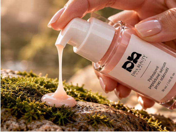 Prémiové peptidové sérum DIVA BEAUTY COSMETICS v růžové lahvičce s pumpičkou, 30 ml