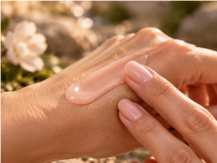Růžová textura prémiového peptidového séra DIVA BEAUTY COSMETICS při nanášení na hřbet ruky