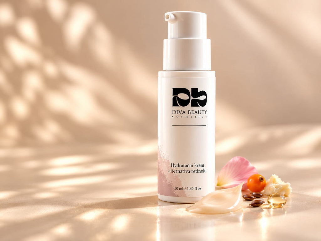 Hydratační krém – alternativa retinolu DIVA BEAUTY COSMETICS, 50 ml, bílá lahvička s pumpičkou vedle krémové textury, růžového okvětního lístku a rostlinných olejů.