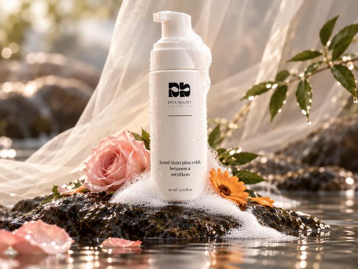Jemná čisticí pěna s růží, betainem a měsíčkem DIVA BEAUTY COSMETICS, 150 ml, bílá lahvička s pumpičkou na béžovém pozadí