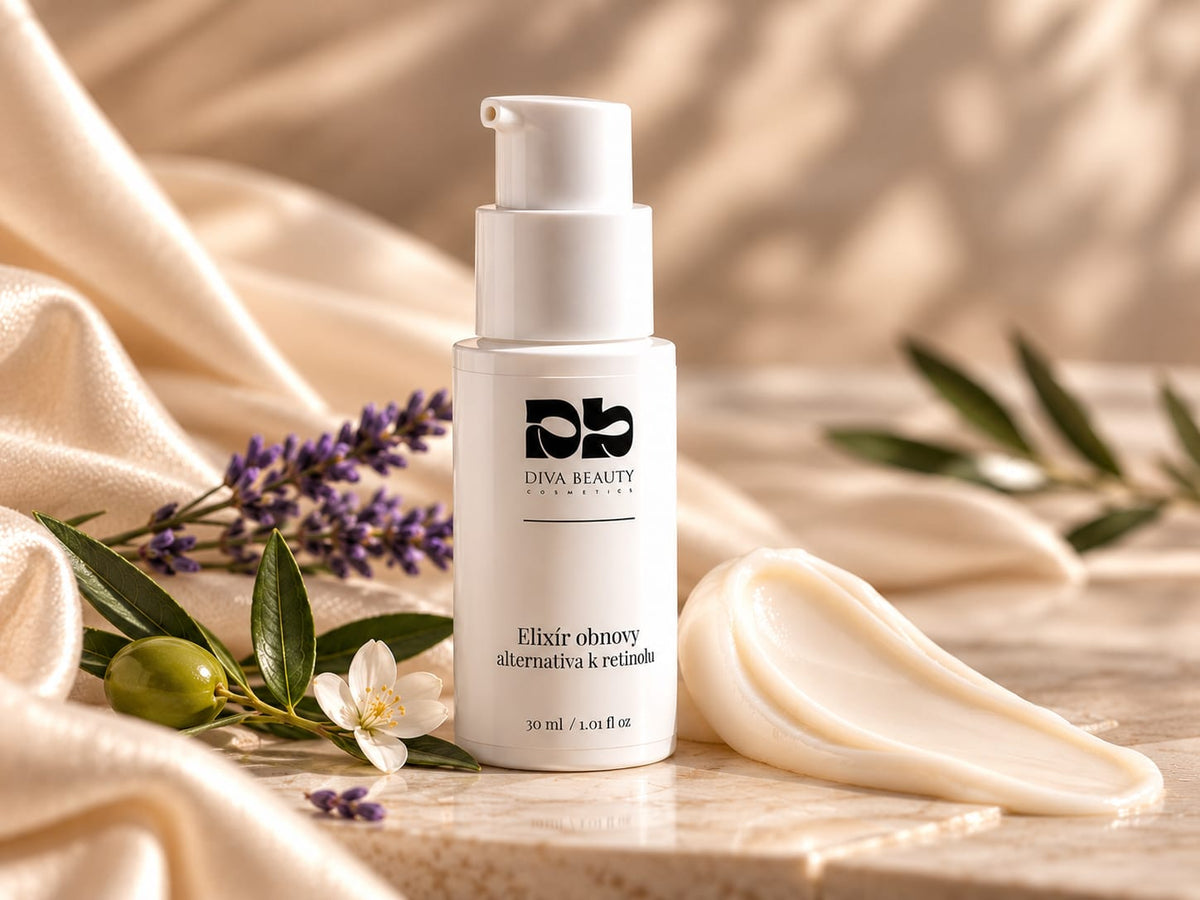 Elixír obnovy – alternativa k retinolu DIVA BEAUTY COSMETICS, 30 ml, bílá lahvička s pumpičkou vedle krémové textury a levandule