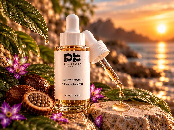 Elixír obnovy s bakuchiolem DIVA BEAUTY COSMETICS, 30 ml, skleněná lahvička s kapátkem a zlatavým sérem vedle jojobových semen.