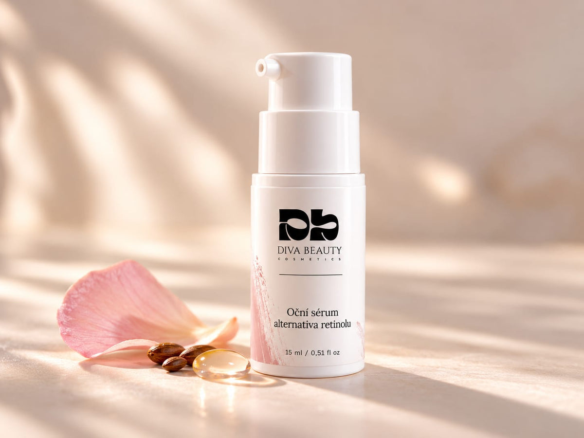 Oční sérum – alternativa retinolu DIVA BEAUTY COSMETICS, 15 ml, bílá lahvička s pumpičkou vedle růžového okvětního lístku, semen a kapky zlatavého oleje.