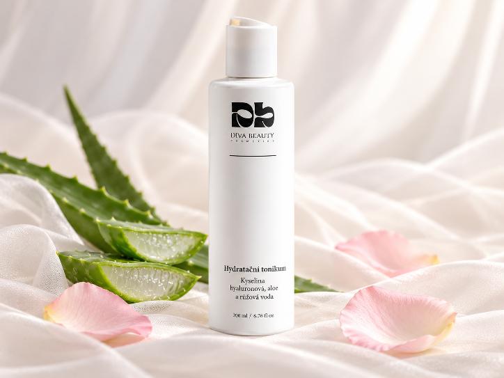 Hydratační tonikum s kyselinou hyaluronovou, aloe a růžovou vodou DIVA BEAUTY COSMETICS, 200 ml, bílá lahvička se zelenými listy na béžovém pozadí
