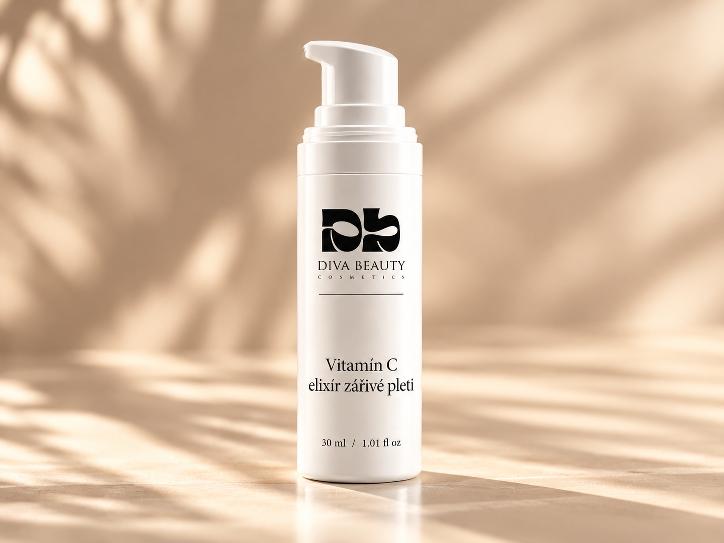 Vitamín C elixír zářivé pleti DIVA BEAUTY COSMETICS, 30 ml, bílá lahvička s pumpičkou vedle pomerančové kůry a kapek séra