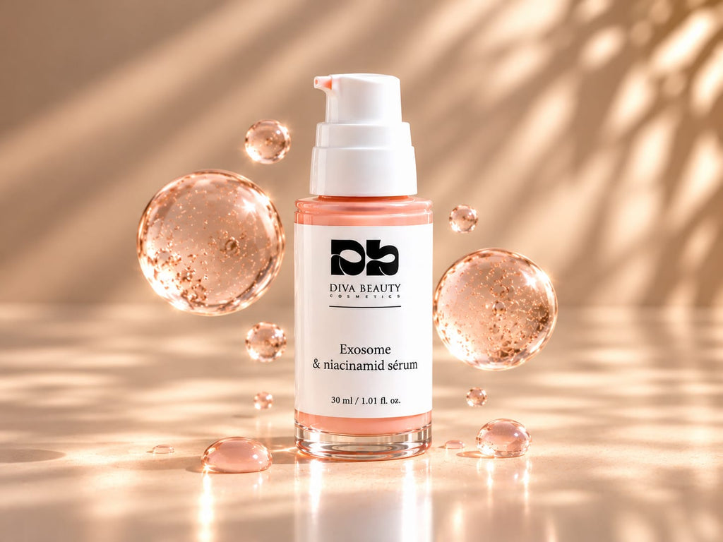 Exosome & Niacinamide pleťové sérum DIVA BEAUTY COSMETICS, 30 ml, růžová lahvička s pumpičkou a ukázkou textury séra