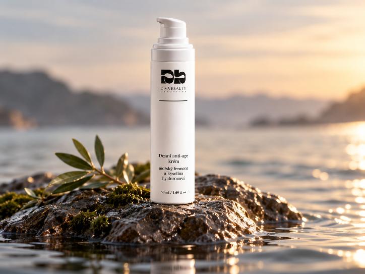 Denní anti-age krém s mořským fenyklem a kyselinou hyaluronovou DIVA BEAUTY COSMETICS, 50 ml, bílá lahvička s pumpičkou na béžovém pozadí