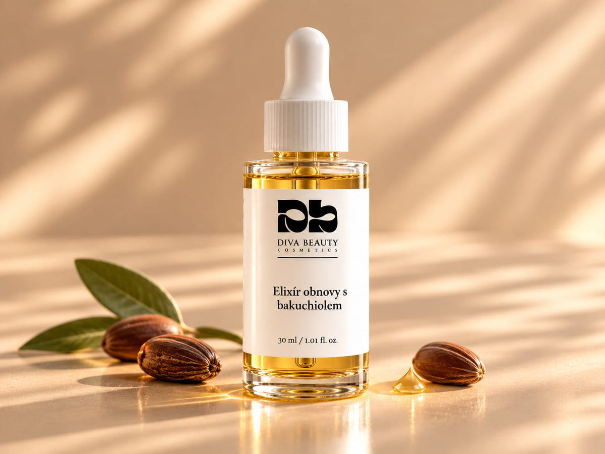 Elixír obnovy s bakuchiolem DIVA BEAUTY COSMETICS, 30 ml, skleněná lahvička s kapátkem a zlatavým sérem vedle jojobových semen.