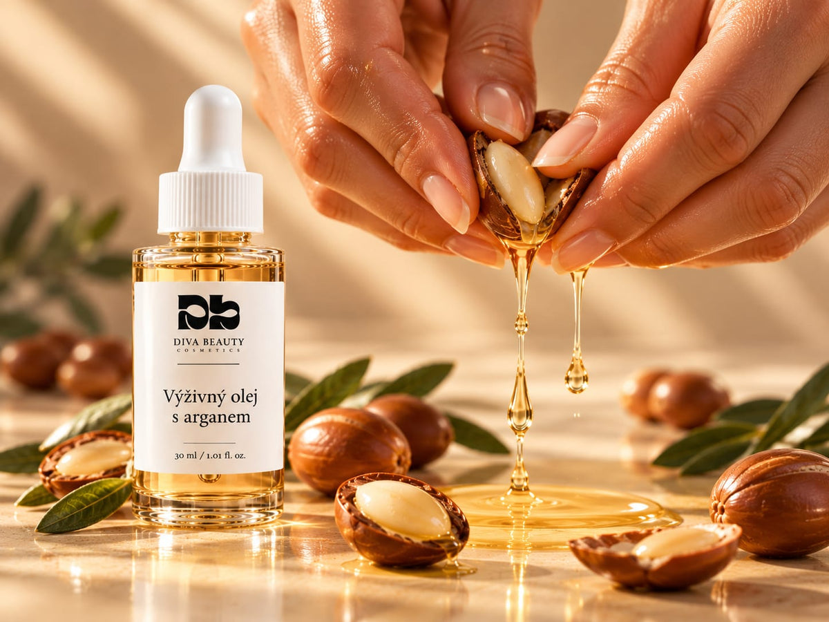 Výživný olej s arganem DIVA BEAUTY COSMETICS, 30 ml, skleněná lahvička s kapátkem vedle arganových plodů a zlatavého oleje