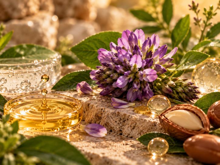 Elixír obnovy s bakuchiolem DIVA BEAUTY COSMETICS – detail zlatavého oleje, fialových květů, semen a průhledných kapek na přírodním kameni.