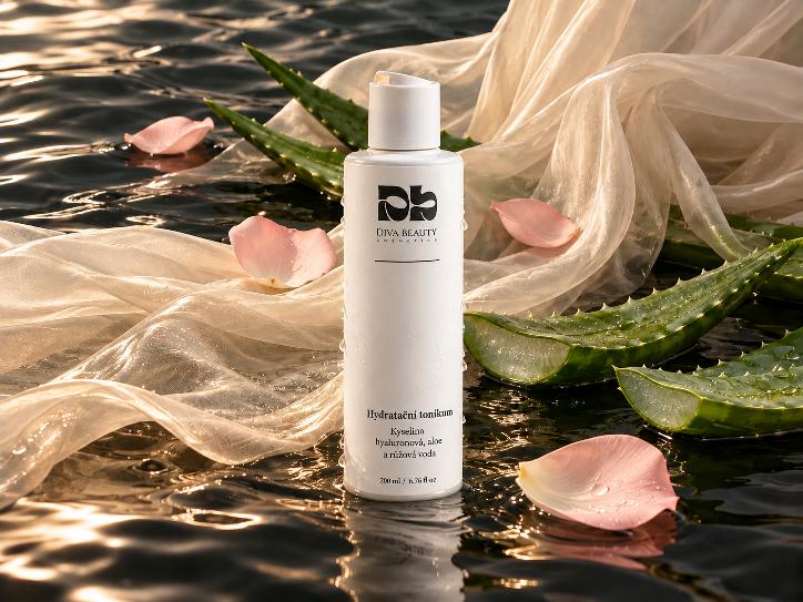 Hydratační tonikum s kyselinou hyaluronovou, aloe a růžovou vodou DIVA BEAUTY COSMETICS, 200 ml, bílá lahvička se zelenými listy na béžovém pozadí