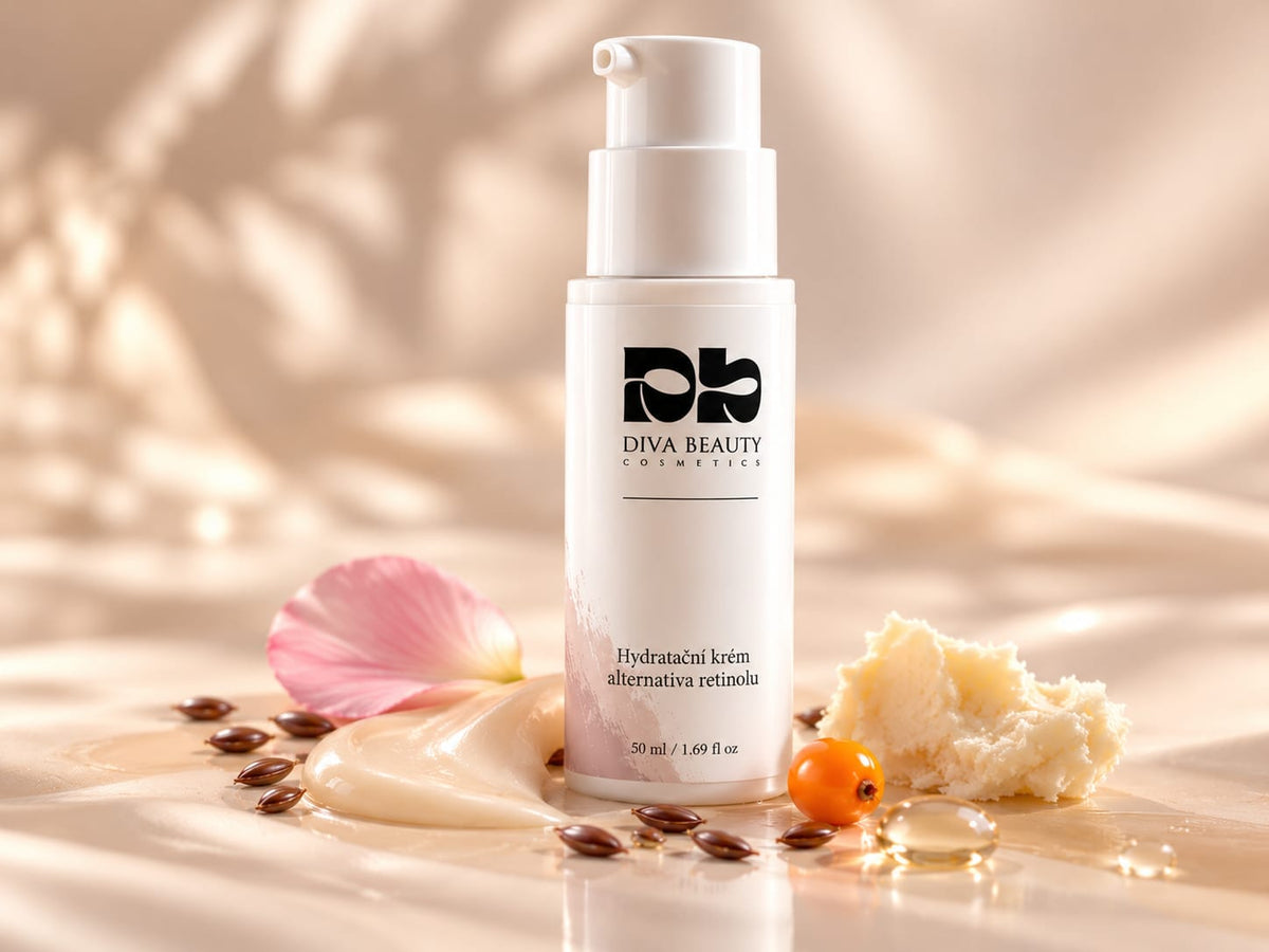 Hydratační krém – alternativa retinolu DIVA BEAUTY COSMETICS, 50 ml, bílá lahvička s pumpičkou vedle krémové textury, růžového okvětního lístku a rostlinných olejů.