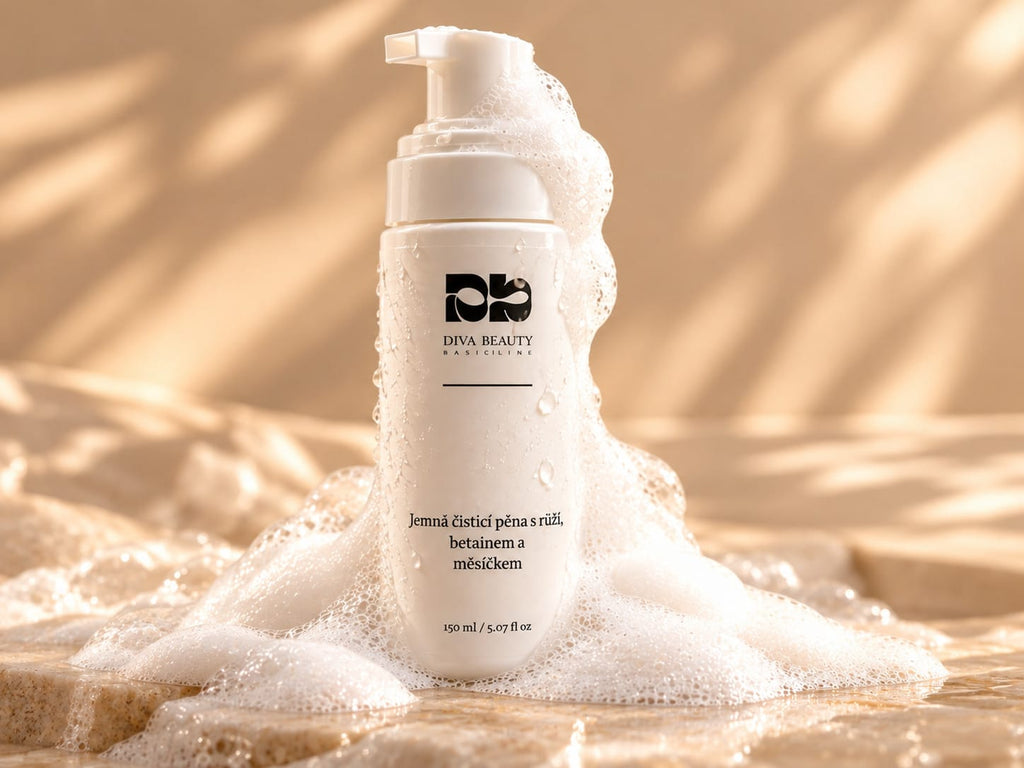Jemná čisticí pěna s růží, betainem a měsíčkem DIVA BEAUTY COSMETICS, 150 ml, bílá lahvička s pumpičkou na béžovém pozadí