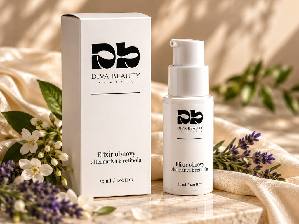 Elixír obnovy – alternativa k retinolu DIVA BEAUTY COSMETICS, 30 ml, bílá lahvička s pumpičkou vedle krémové textury a levandule