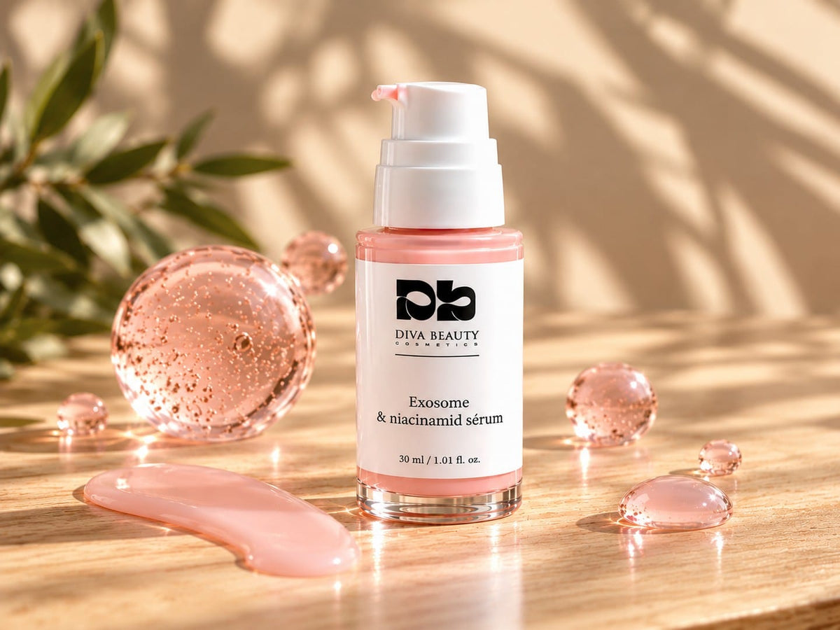 Exosome & Niacinamide pleťové sérum DIVA BEAUTY COSMETICS, 30 ml, růžová lahvička s pumpičkou a ukázkou textury séra
