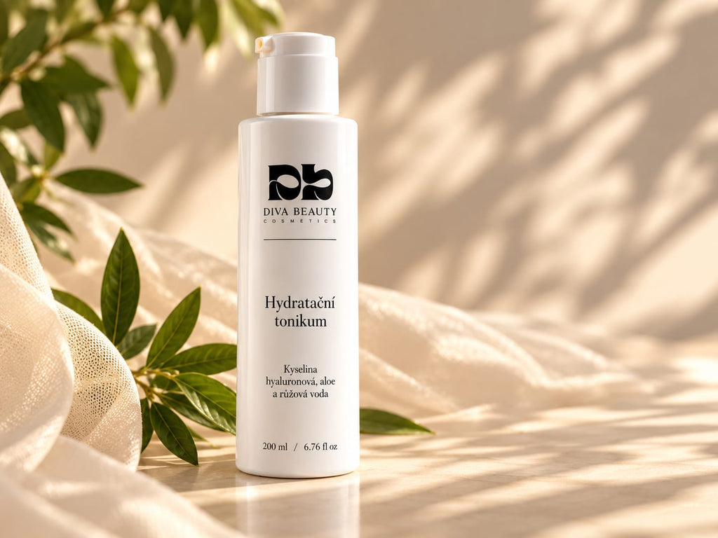 Hydratační tonikum s kyselinou hyaluronovou, aloe a růžovou vodou DIVA BEAUTY COSMETICS, 200 ml, bílá lahvička se zelenými listy na béžovém pozadí