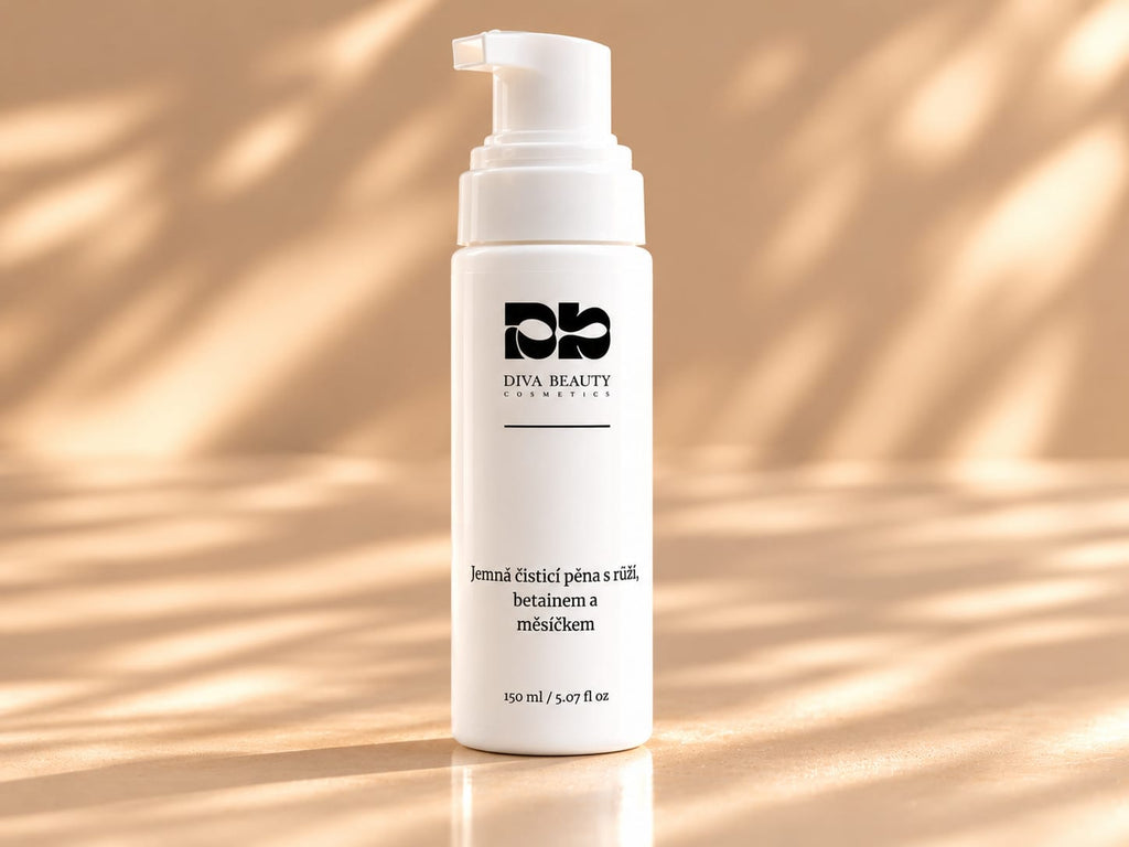 Jemná čisticí pěna s růží, betainem a měsíčkem DIVA BEAUTY COSMETICS, 150 ml, bílá lahvička s pumpičkou na béžovém pozadí