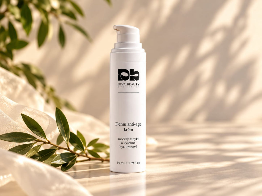 Denní anti-age krém s mořským fenyklem a kyselinou hyaluronovou DIVA BEAUTY COSMETICS, 50 ml, bílá lahvička s pumpičkou na béžovém pozadí