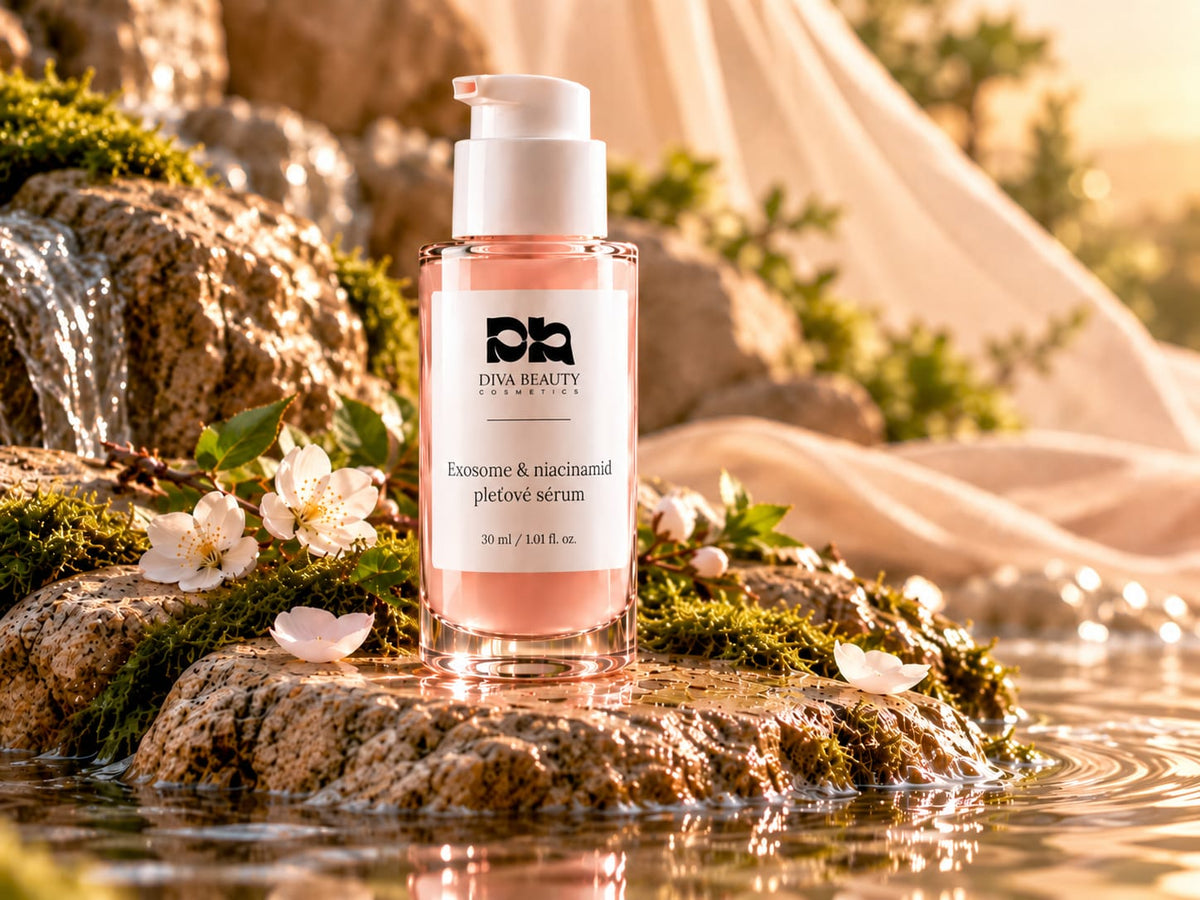 Exosome & Niacinamide pleťové sérum DIVA BEAUTY COSMETICS, 30 ml, růžová lahvička s pumpičkou a ukázkou textury séra
