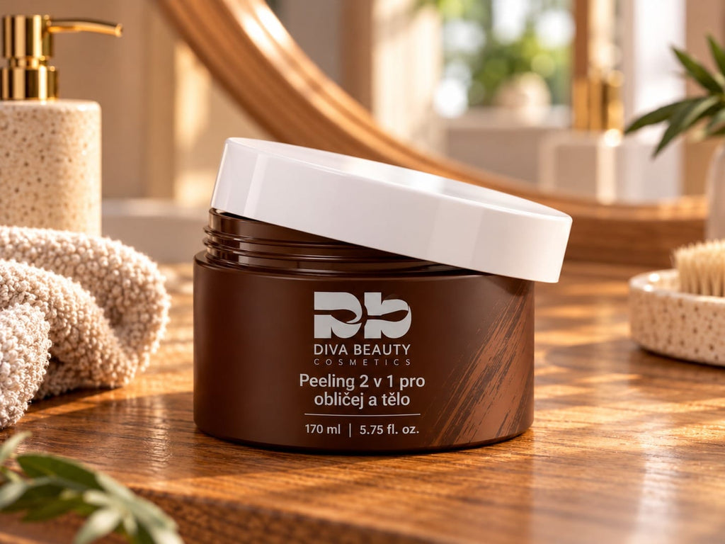 Peeling 2 v 1 pro obličej a tělo DIVA BEAUTY COSMETICS, 170 ml, hnědá dóza s bílým víčkem na dřevěné koupelnové desce vedle ručníku a kartáče.