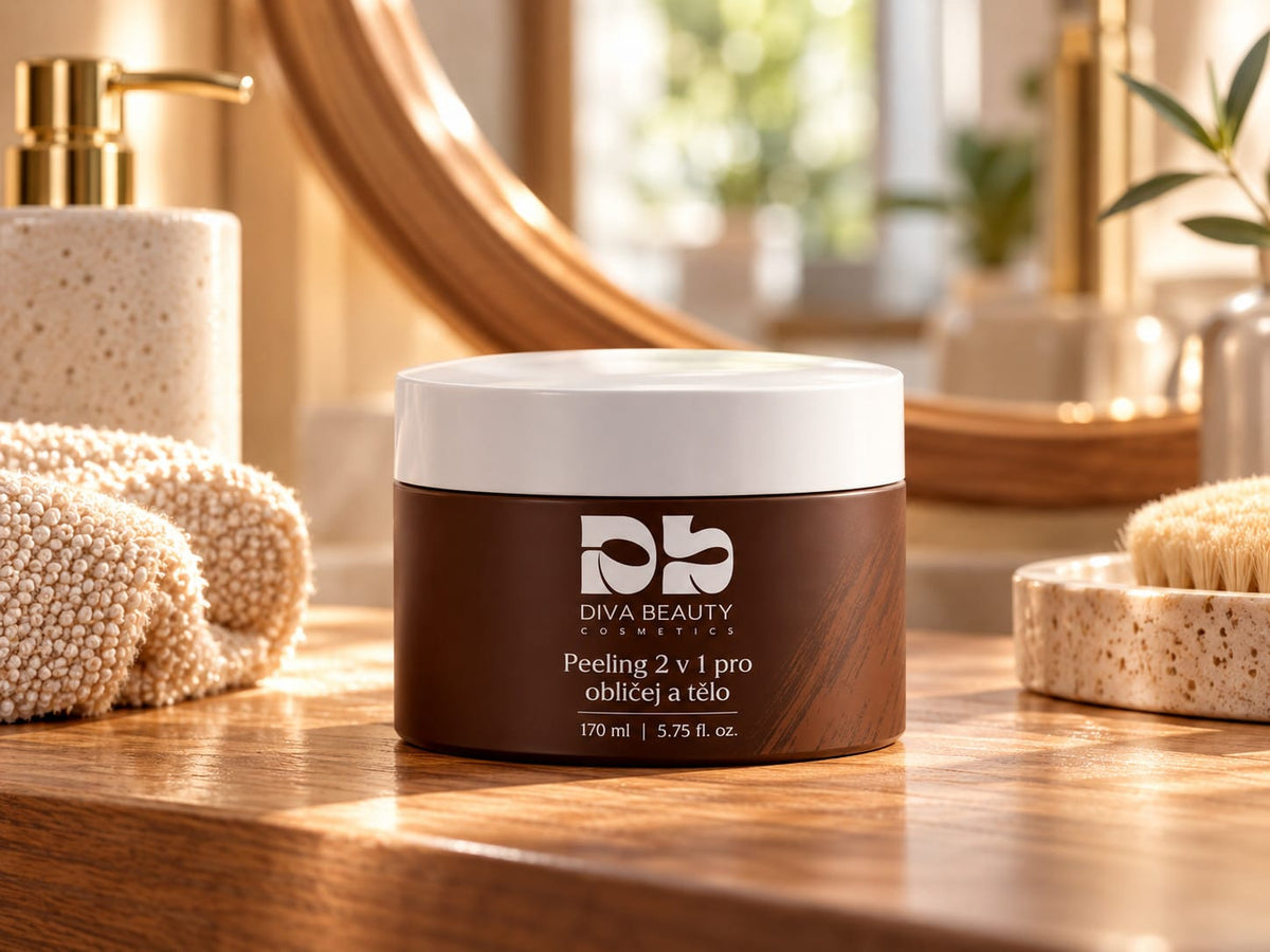 Peeling 2 v 1 pro obličej a tělo DIVA BEAUTY COSMETICS, 170 ml, hnědá dóza s bílým víčkem na dřevěné koupelnové desce vedle ručníku a kartáče.