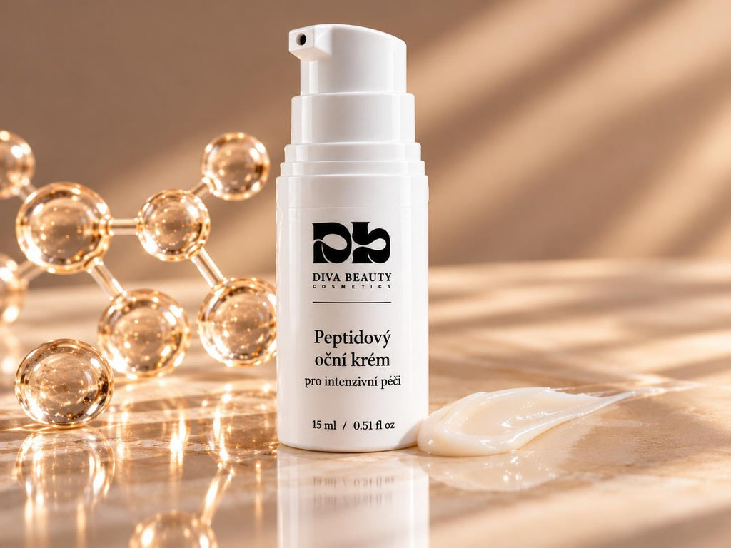 Peptidový oční krém pro intenzivní péči DIVA BEAUTY COSMETICS, 15 ml, bílá lahvička s pumpičkou obklopená krémovou texturou a jemnou pěnou