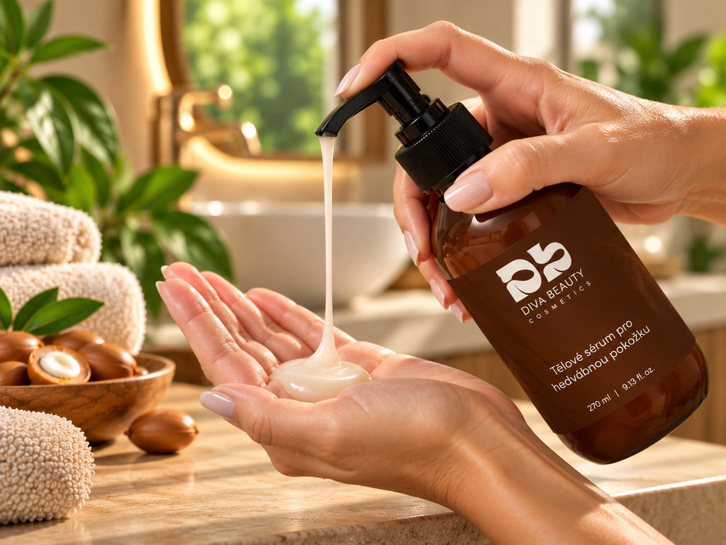 Tělové sérum pro hedvábnou pokožku DIVA BEAUTY COSMETICS, 270 ml, hnědá lahvička s pumpičkou vedle misky s ořechy a ručníků v koupelně.