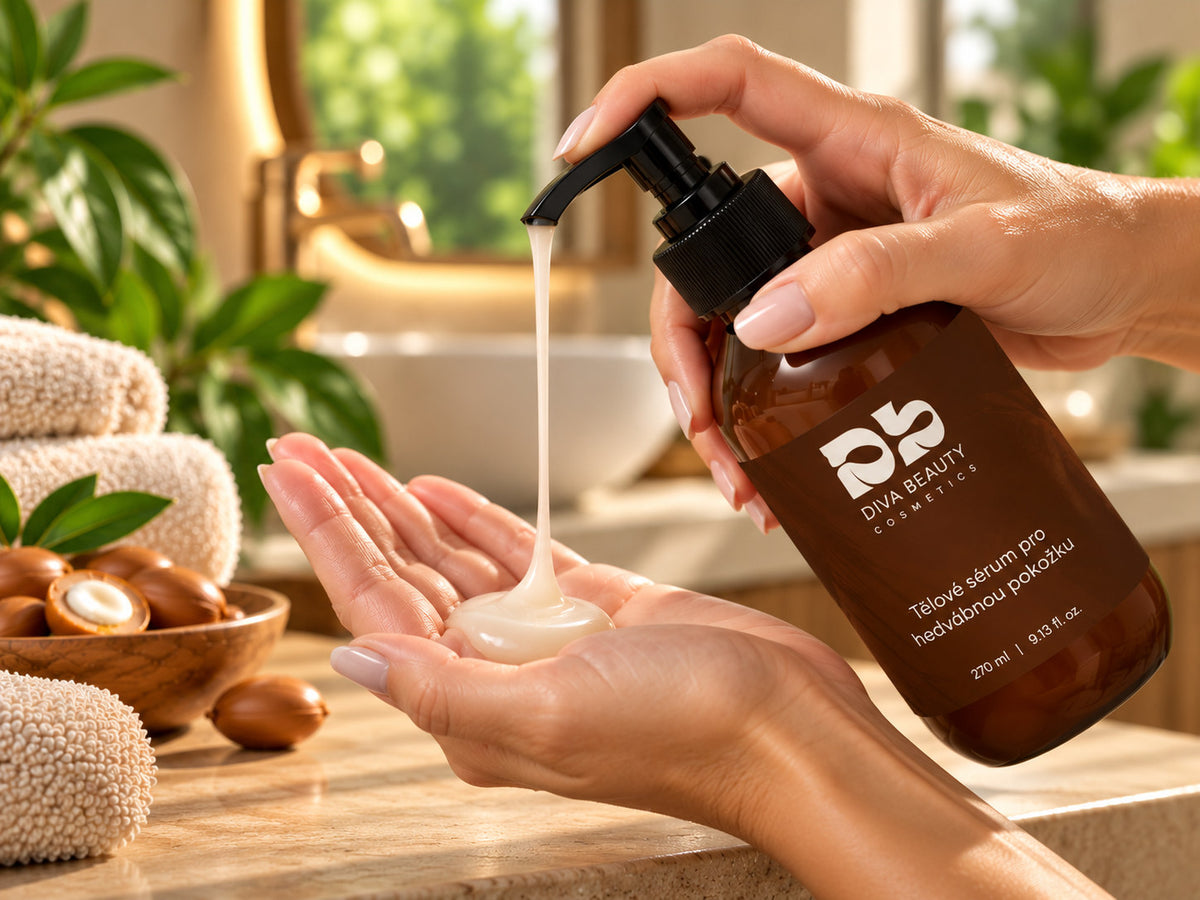 Tělové sérum pro hedvábnou pokožku DIVA BEAUTY COSMETICS, 270 ml, hnědá lahvička s pumpičkou vedle misky s ořechy a ručníků v koupelně.
