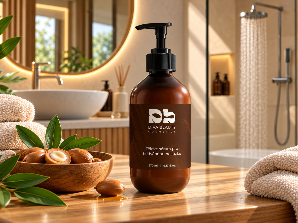 Tělové sérum pro hedvábnou pokožku DIVA BEAUTY COSMETICS, 270 ml, hnědá lahvička s pumpičkou vedle misky s ořechy a ručníků v koupelně.