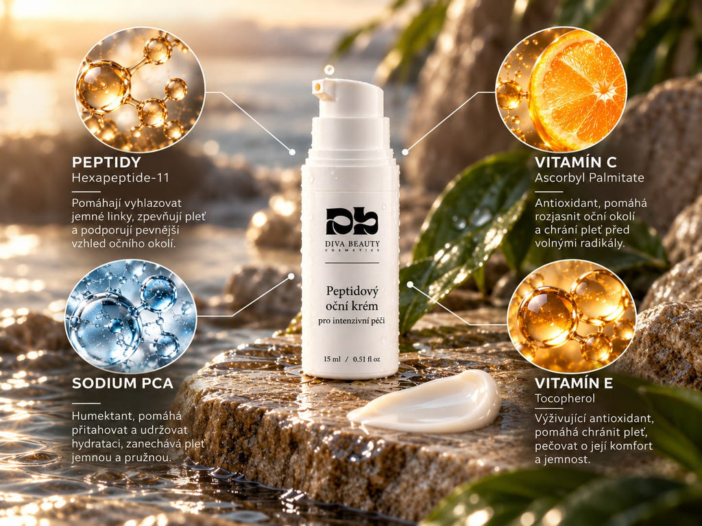Peptidový oční krém DIVA BEAUTY COSMETICS – infografika složení: peptidy Hexapeptide-11, vitamín C, Sodium PCA a vitamín E