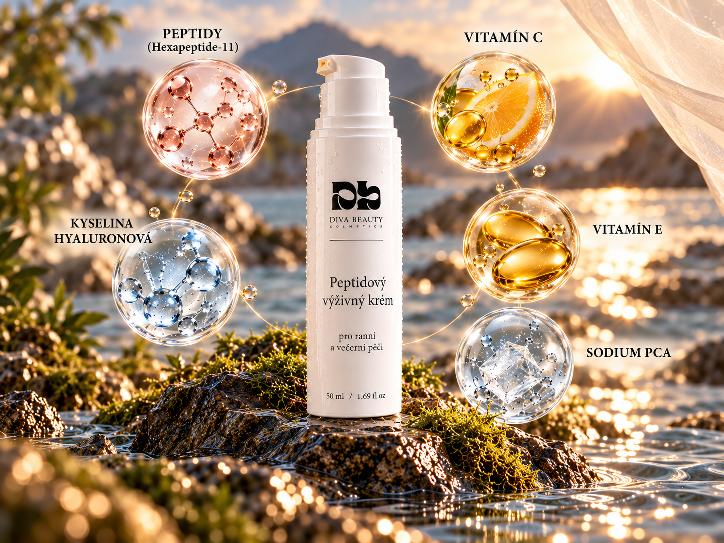 Peptidový výživný krém DIVA BEAUTY COSMETICS – infografika složení: peptidy Hexapeptide-11, vitamín C, kyselina hyaluronová, vitamín E a Sodium PCA
