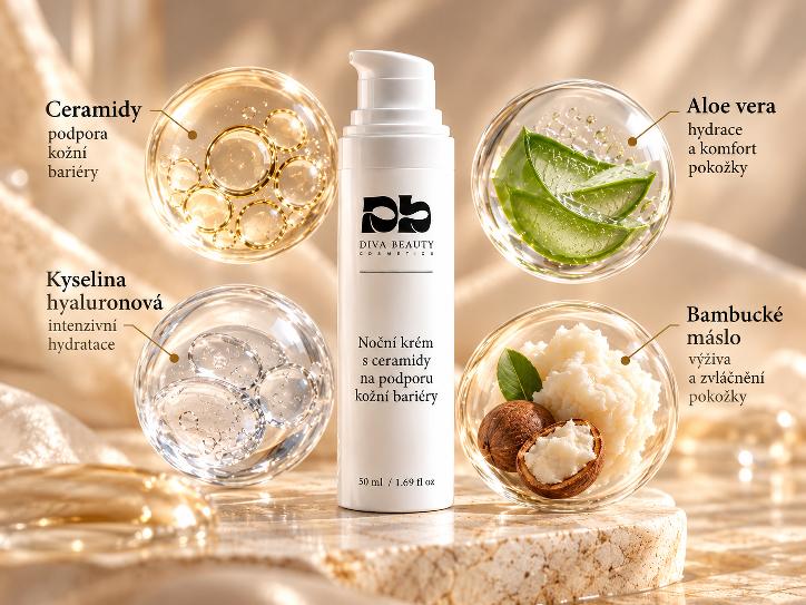 Noční krém s ceramidy DIVA BEAUTY COSMETICS, 50 ml – infografika složení: ceramidy, kyselina hyaluronová, aloe vera a bambucké máslo
